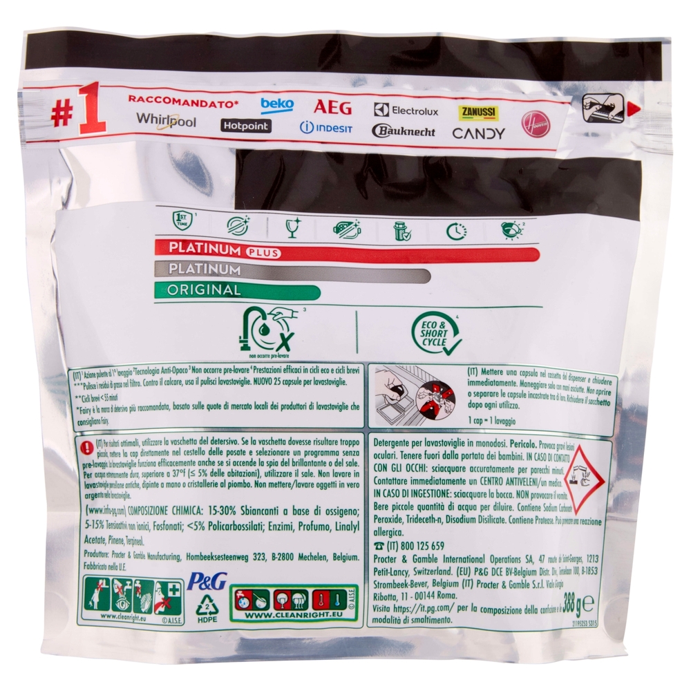 Fairy Pastiglie Lavastoviglie Platinum All in One, Detersivo Piatti Limone, 25 Capsule 388 g